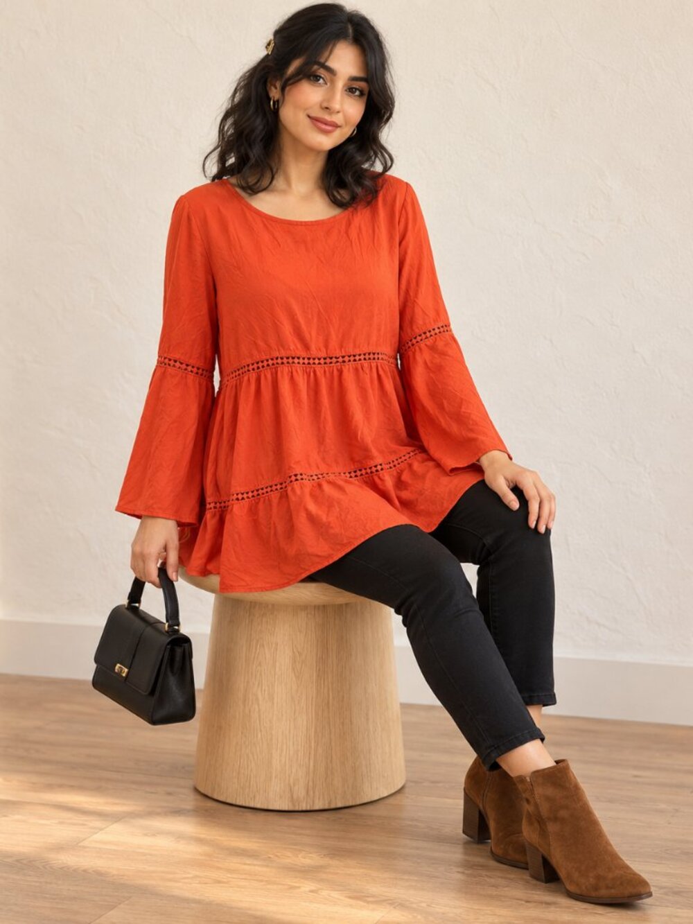 Amanda Green orange tunic top L EUC